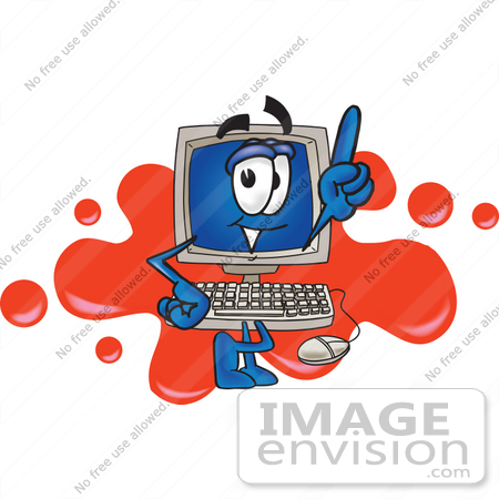 #26684 Clip Art Graphic of a Desktop Computer Cartoon Character Logo With Red Paint Splatters by toons4biz