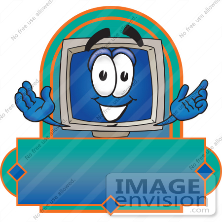 #26687 Clip Art Graphic of a Desktop Computer Cartoon Character Label by toons4biz