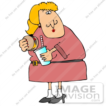 #26704 Hungry Fat Woman, Careless to Her Health Risks, Eating a Cheeseburger and Drinking Soda Clipart by DJArt