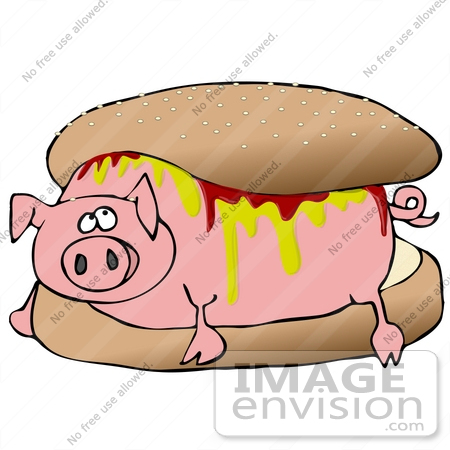 #26708 Piggy Covered in Mustard and Ketchup, Resting Inside a Hamburger Bun Clipart by DJArt