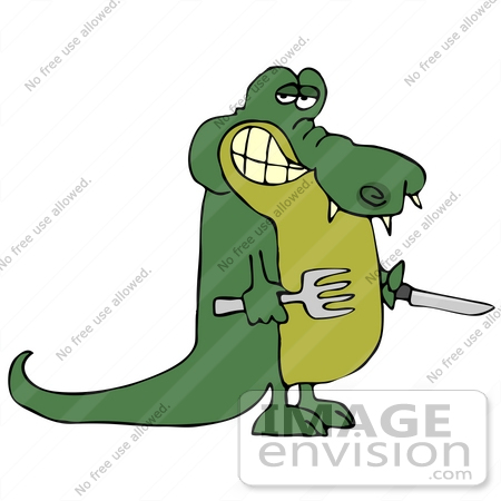 #26715 Hungry Green Gater Holding a Fork and Knife Clipart by DJArt