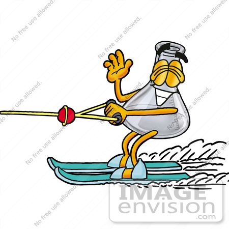#26724 Clip art Graphic of a Beaker Laboratory Flask Cartoon Character Waving While Water Skiing by toons4biz