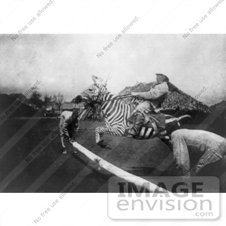 #26770 Stock Photography of a Man Riding a Zebra and Jumping Over a Fence in East Africa by JVPD