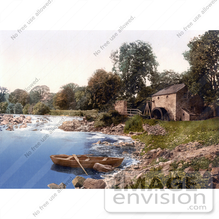 #26779 Stock Photography of a Rowboat on the Shore of the River Eden Near Waterfalls and the Old Woollen Mill in the Lake District Armathwaite Cumbria England UK by JVPD