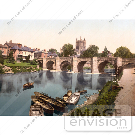 #26807 Stock Photography of Boats Near the Medieval Bridge on the River Wye, Waterfront Buildings and the Hereford Cathedral in Hereford West Midlands England UK by JVPD
