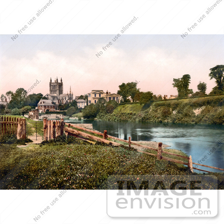 #26809 Stock Photography of a Fence and Gate on the River Wye Near Buildings and the Hereford Cathedral in Hereford West Midlands England UK by JVPD
