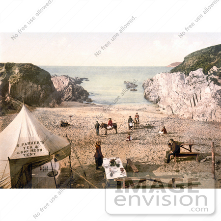 #26829 Stock Photography of People at S. Parker’s Tea & Luncheon Tent on Barricane Shell Beach in Morthoe Devon England by JVPD