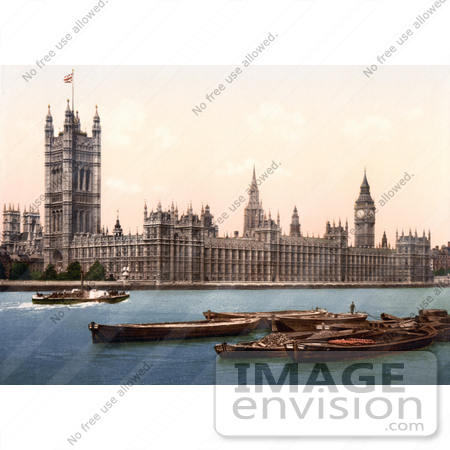 #26841 Stock Photography of a Steamboat on the Thames River, Passing by the Houses of Parliament and the Big Ben Clock Tower in London England UK by JVPD