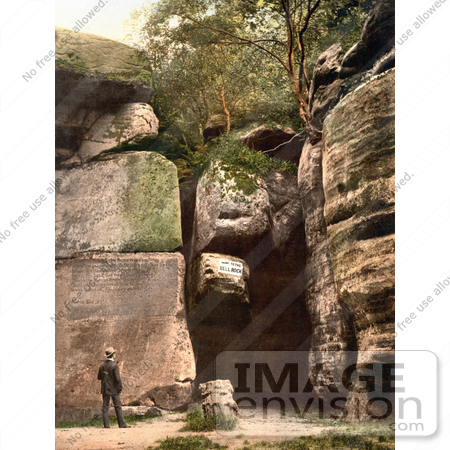 #26873 Stock Photography of a Man Reading the Carved Text on the High Rocks in Tunbridge Wells Kent England UK by JVPD