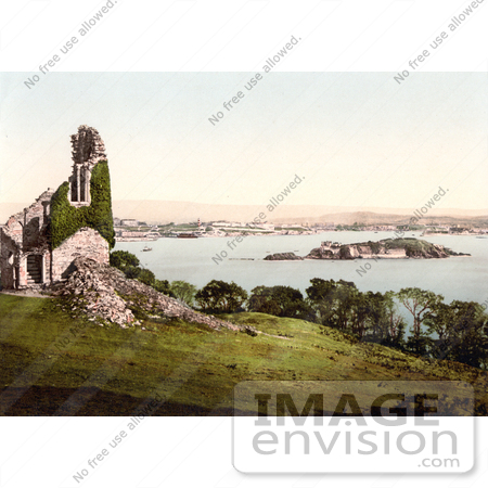 #26910 Stock Photography of Ivy Covered Ruins of the Mount Edgcumbe Folly With a View of Drakes Island As Seen From Mount Edgcumbe Plymouth Devon England UK by JVPD