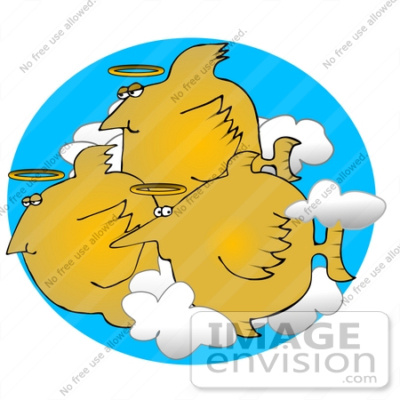 #26950 Three Angelfish With Golden Halos Floating Over Their Heads, Passing Through Clouds in Heaven Clipart Graphic by DJArt