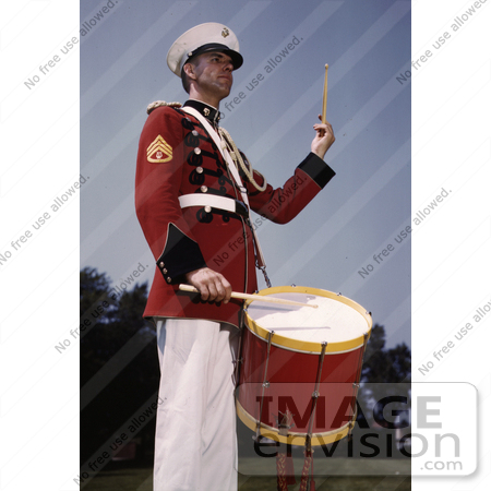 #27011 Stock Photography of a Male Marine Drummer In A Red, Black And White Uniform by JVPD