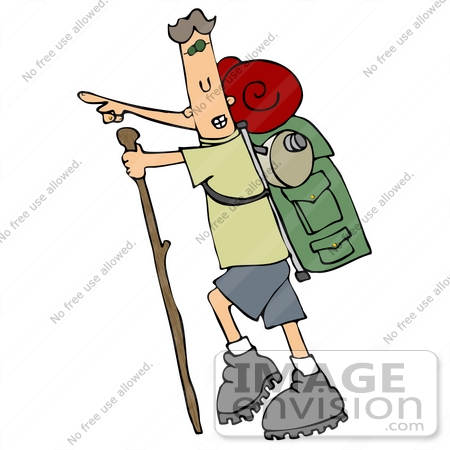 #27028 Physically Fit Man Pointing While Hiking And Carrying Gear On His Back Clipart Picture by DJArt