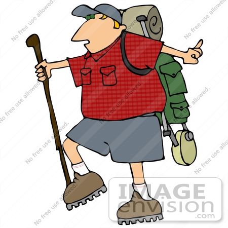 #27032 Man Carrying Hiking Gear And Using A Hiking Stick While Hiking Clipart Picture by DJArt