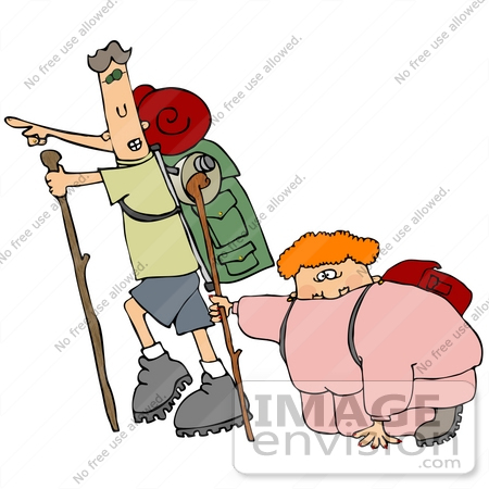#27033 Man Trying To Motivate His Wife As She Kneels To Catch Her Breath During A Hike Clipart Picture by DJArt