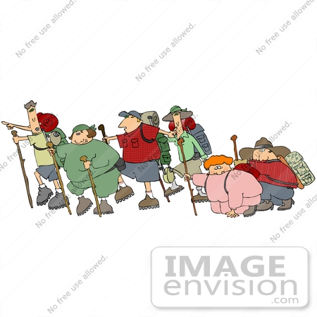 #27034 Group Of People Taking A Strenuous Hike Outdoors, Some Struggling And Falling Behind Clipart Picture by DJArt