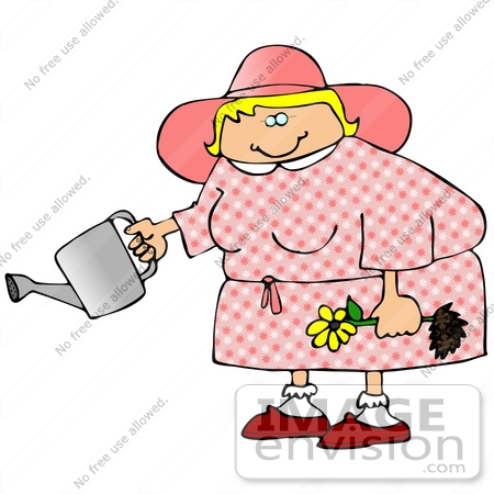 #27040 Friendly Blond Woman Dressed In A Pink Hat And Dress, Kholding A Yellow Daisy While Watering In Her Garden Clipart Picture by DJArt