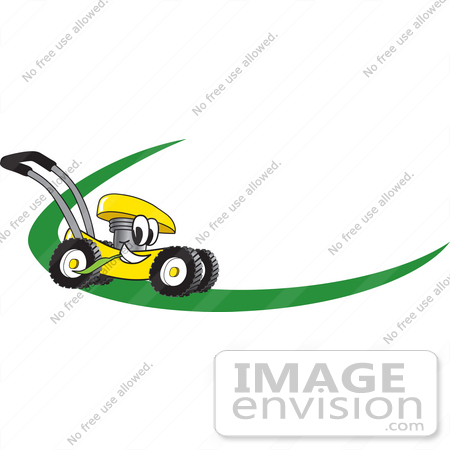 #27381 Clip Art Graphic of a Yellow Lawn Mower Mascot Character Chewing On A Blade Of Grass And Passing By On A Green Dash On A Logo by toons4biz