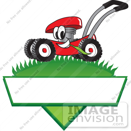 #27384 Clip Art Graphic of a Red Lawn Mower Mascot Character In Profile, Glancing As It Speeds Past While Chewing On A Blade Of Grass On Top Of A Grassy Hill In The Shape Of A Triangle With A Blank Label On A Logo by toons4biz