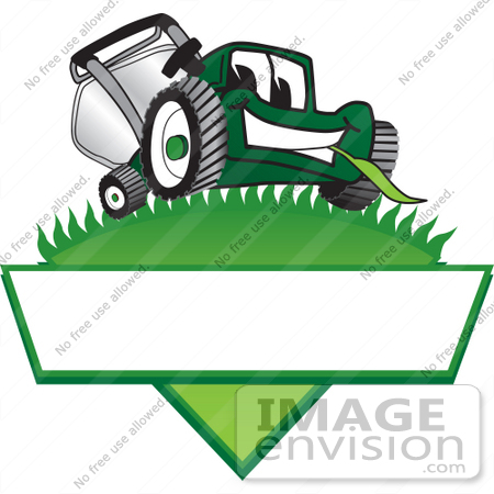 #27386 Clip Art Graphic of a Green Lawn Mower Mascot Character Facing Front And Chewing On A Blade Of Grass On Top Of A Grassy Hill In The Shape Of A Triangle With A Blank Label On A Logo by toons4biz