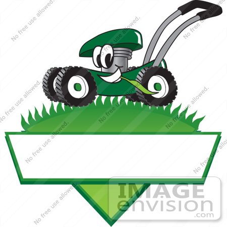 #27388 Clip Art Graphic of a Green Lawn Mower Mascot Character In Profile, Glancing As It Speeds Past While Chewing On A Blade Of Grass On Top Of A Grassy Hill In The Shape Of A Triangle With A Blank Label On A Logo by toons4biz