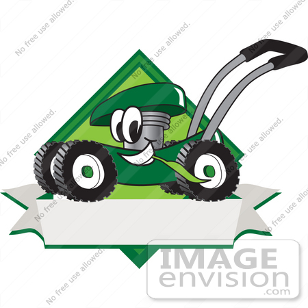 #27389 Clip Art Graphic of a Green Lawn Mower Mascot Character in Profile on a White Banner Logo by toons4biz