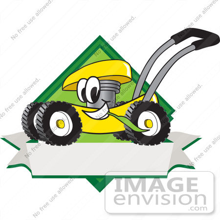 #27391 Clip Art Graphic of a Yellow Lawn Mower Mascot Character in Profile on a White Banner Logo by toons4biz