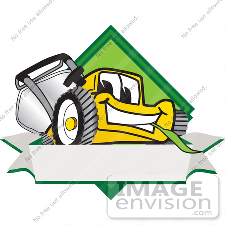 #27393 Clip Art Graphic of a Yellow Lawn Mower Mascot Character Facing Front of a White Banner Logo by toons4biz
