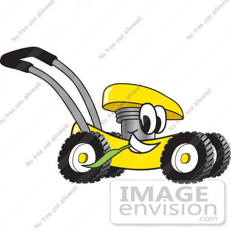 #27401 Clip Art Graphic of a Yellow Lawn Mower Mascot Character Glancing While Passing by and Chewing on a Blade of Grass by toons4biz