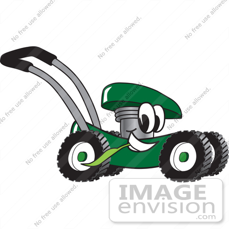 #27403 Clip Art Graphic of a Green Lawn Mower Mascot Character Glancing While Passing by and Chewing on a Blade of Grass by toons4biz