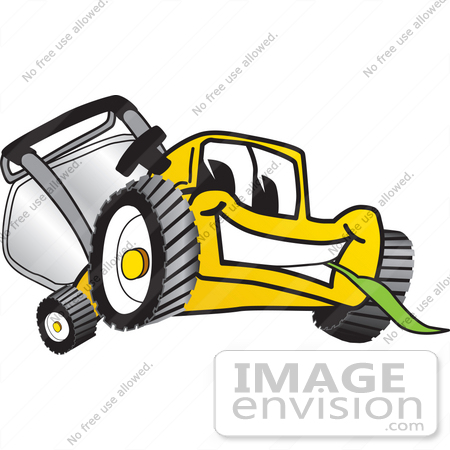 #27404 Clip Art Graphic of a Yellow Lawn Mower Mascot Character Smiling While Chewing on a Blade of Grass by toons4biz
