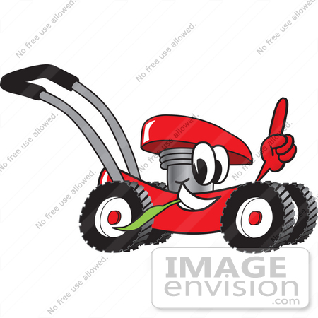 #27407 Clip Art Graphic of a Red Lawn Mower Mascot Character Glancing While Passing by, Chewing on Grass and Pointing Upwards by toons4biz