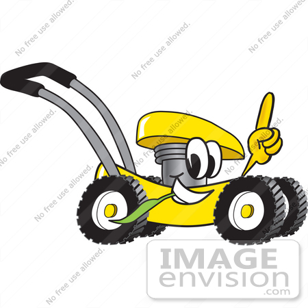 #27408 Clip Art Graphic of a Yellow Lawn Mower Mascot Character Glancing While Passing by, Chewing on Grass and Pointing Upwards by toons4biz