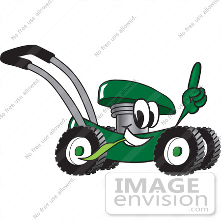 #27409 Clip Art Graphic of a Green Lawn Mower Mascot Character Glancing While Passing by, Chewing on Grass and Pointing Upwards by toons4biz