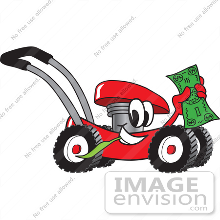 #27410 Clip Art Graphic of a Red Lawn Mower Mascot Character Chewing on a Blade of Grass and Holding up a Dollar Bill While Passing by by toons4biz