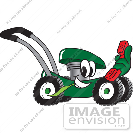 #27413 Clip Art Graphic of a Green Lawn Mower Mascot Character Chewing on a Blade of Grass and Holding a Red Phone While Passing by by toons4biz