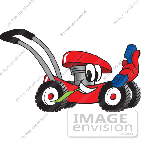 #27415 Clip Art Graphic of a Red Lawn Mower Mascot Character Chewing on a Blade of Grass and Holding a Blue Phone While Passing by by toons4biz