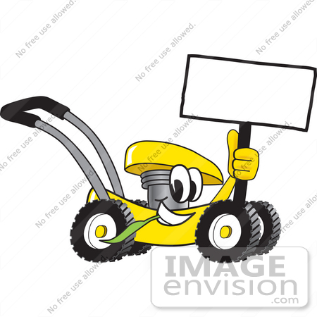 #27417 Clip Art Graphic of a Yellow Lawn Mower Mascot Character Holding a Blank Sign and Chewing on a Blade of Grass While Passing by by toons4biz