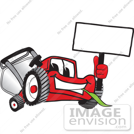 #27419 Clip Art Graphic of a Red Lawn Mower Mascot Character Facing Front, Chewing on a Blade of Grass and Holding a Blank White Sign by toons4biz