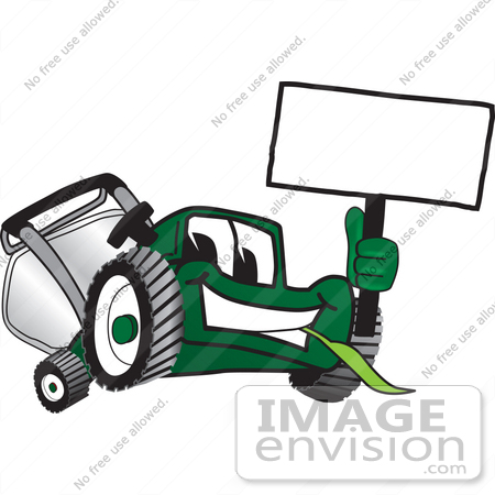 #27420 Clip Art Graphic of a Green Lawn Mower Mascot Character Facing Front, Chewing on a Blade of Grass and Holding a Blank White Sign by toons4biz