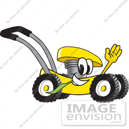 #27422 Clip Art Graphic of a Yellow Lawn Mower Mascot Character Waving and Chewing on a Blade of Grass While Passing by by toons4biz