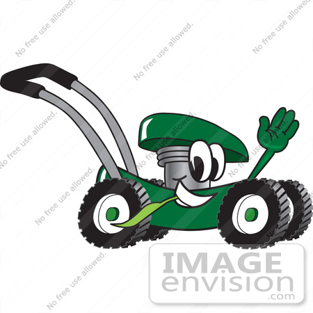#27424 Clip Art Graphic of a Green Lawn Mower Mascot Character Waving and Chewing on a Blade of Grass While Passing by by toons4biz