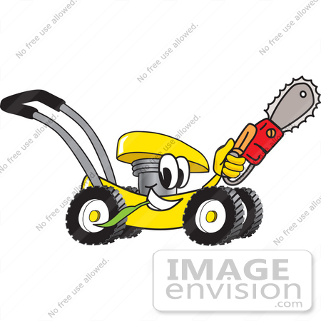 #27425 Clip Art Graphic of a Yellow Lawn Mower Mascot Character Chewing on a Blade of Grass and Holding a Saw While Passing by by toons4biz