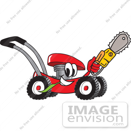 #27426 Clip Art Graphic of a Red Lawn Mower Mascot Character Chewing on a Blade of Grass and Holding a Saw While Passing by by toons4biz