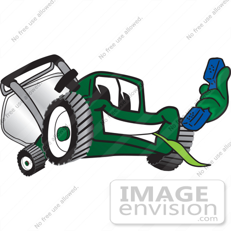 #27428 Clip Art Graphic of a Green Lawn Mower Mascot Character Facing Front, Chewing on Grass and Holding a Blue Phone by toons4biz