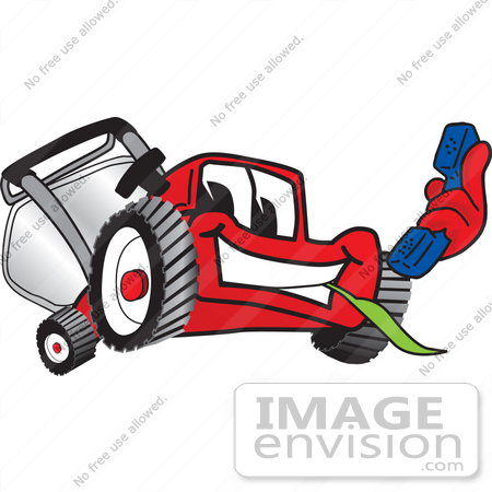 #27429 Clip Art Graphic of a Red Lawn Mower Mascot Character Facing Front, Chewing on Grass and Holding a Blue Phone by toons4biz