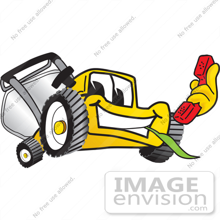 #27430 Clip Art Graphic of a Yellow Lawn Mower Mascot Character Facing Front, Chewing on Grass and Holding a Red Phone by toons4biz