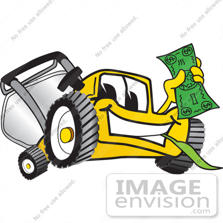 #27432 Clip Art Graphic of a Yellow Lawn Mower Mascot Character Facing Front, Smiling and Chewing on Grass While Holding a Dollar Bill by toons4biz