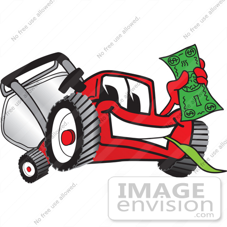 #27433 Clip Art Graphic of a Red Lawn Mower Mascot Character Facing Front, Smiling and Chewing on Grass While Holding a Dollar Bill by toons4biz
