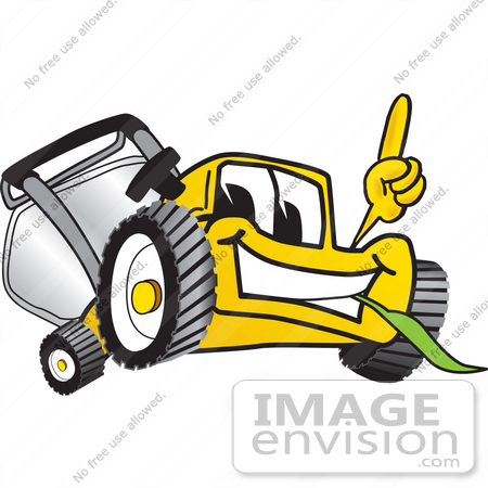 #27435 Clip Art Graphic of a Yellow Lawn Mower Mascot Character Facing Front, Smiling and Eating Grass While Pointing Upwards by toons4biz